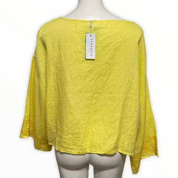 Seafolly Large Bright Folk Lime Light Long Sleeve Boat Neck Linen Crop Top NWT - Picture 5 of 11